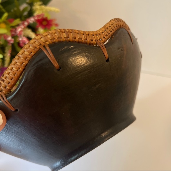 Vintage Wood Clay and Rattan bowl. woven wicker trim Hand Crafted In Indonesia - Picture 5 of 10